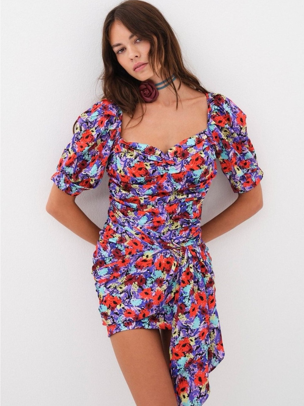 For Love And Lemons Purple Red Floral Puff-Sleeve Mini Dress